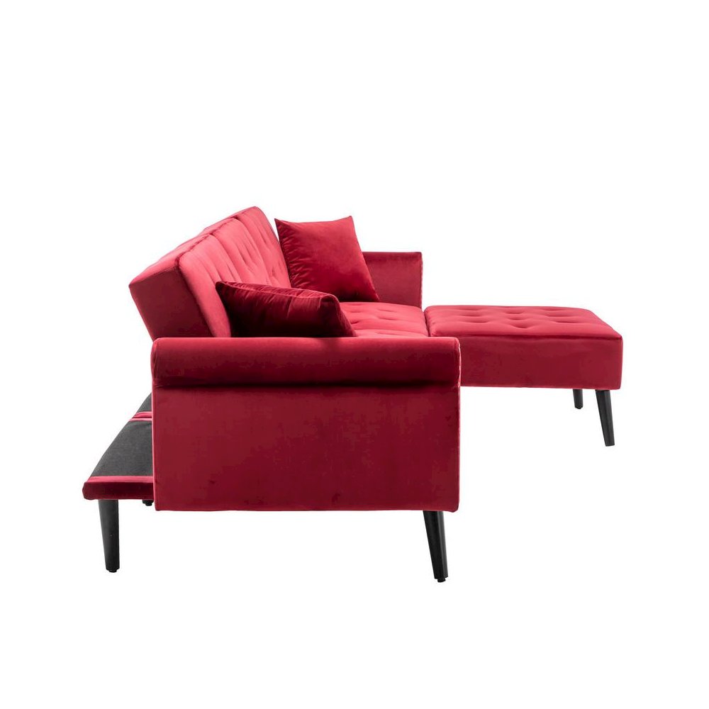 Piper Jujube Red Velvet Sofa Bed with Ottoman and 2 Accent Pillows
