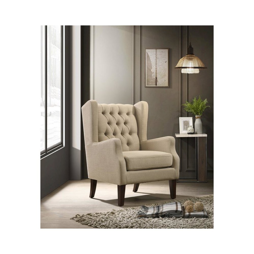 Irwin Beige Linen Button Tufted Wingback Chair