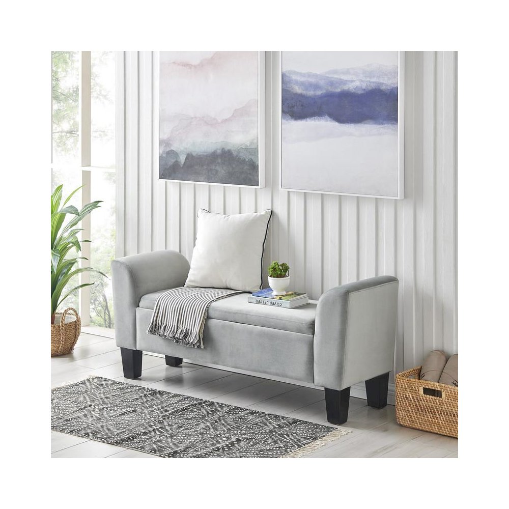 Mila Gray Velvet Ottoman Bench with Storage