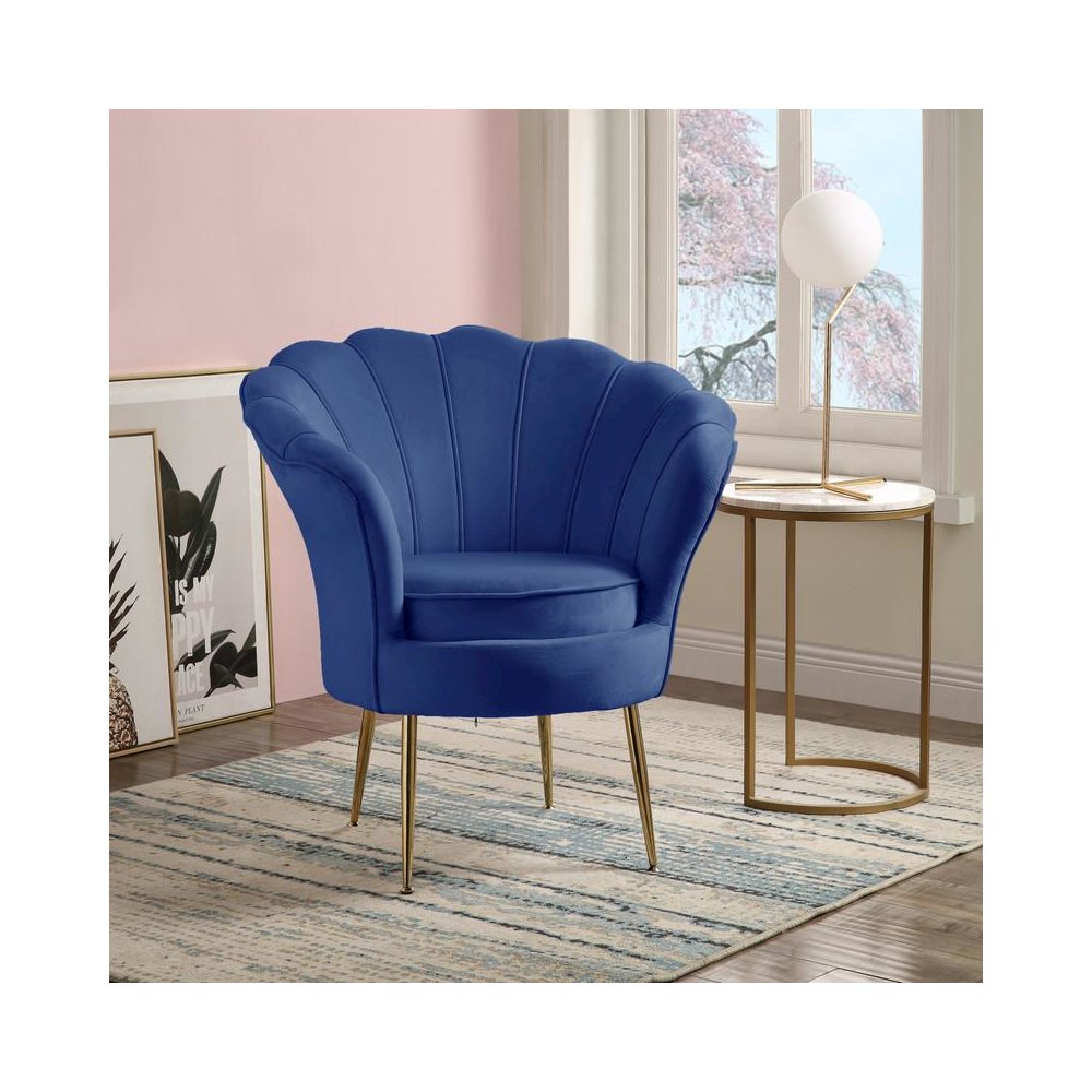 Angelina Blue Velvet Scalloped Back Barrel Accent Chair with Metal Legs