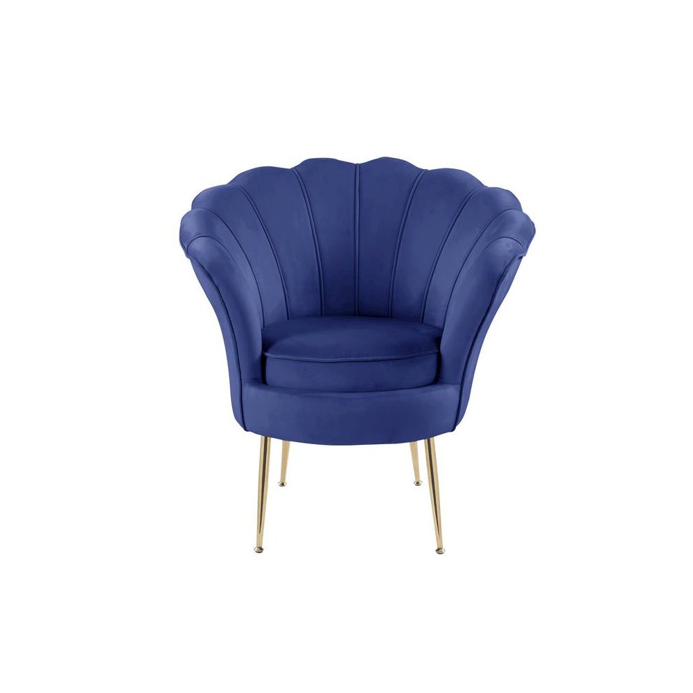Angelina Blue Velvet Scalloped Back Barrel Accent Chair with Metal Legs