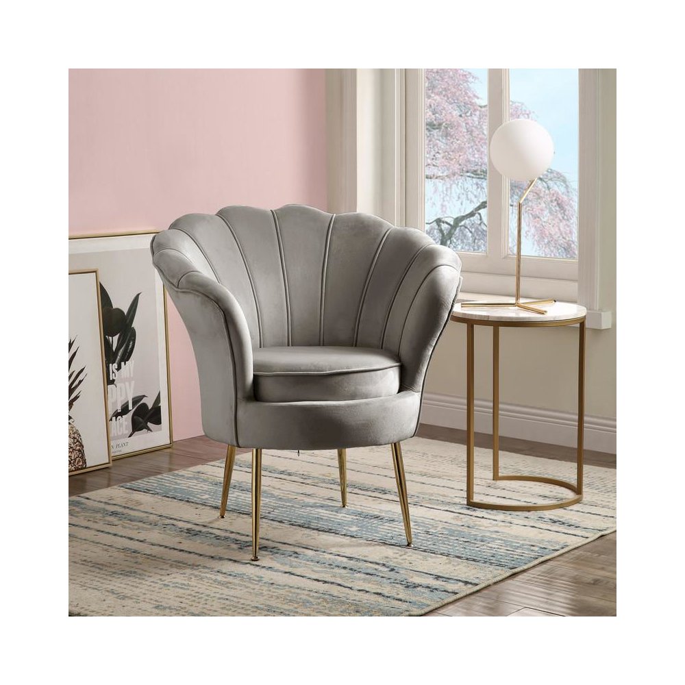 Angelina Gray Velvet Scalloped Back Barrel Accent Chair with Metal Legs