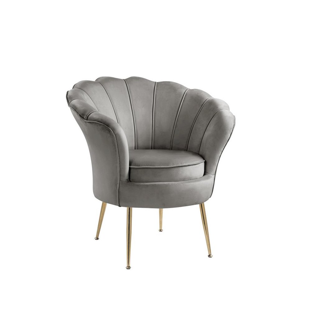 Angelina Gray Velvet Scalloped Back Barrel Accent Chair with Metal Legs