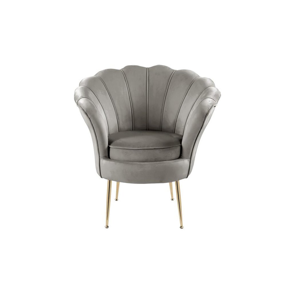Angelina Gray Velvet Scalloped Back Barrel Accent Chair with Metal Legs