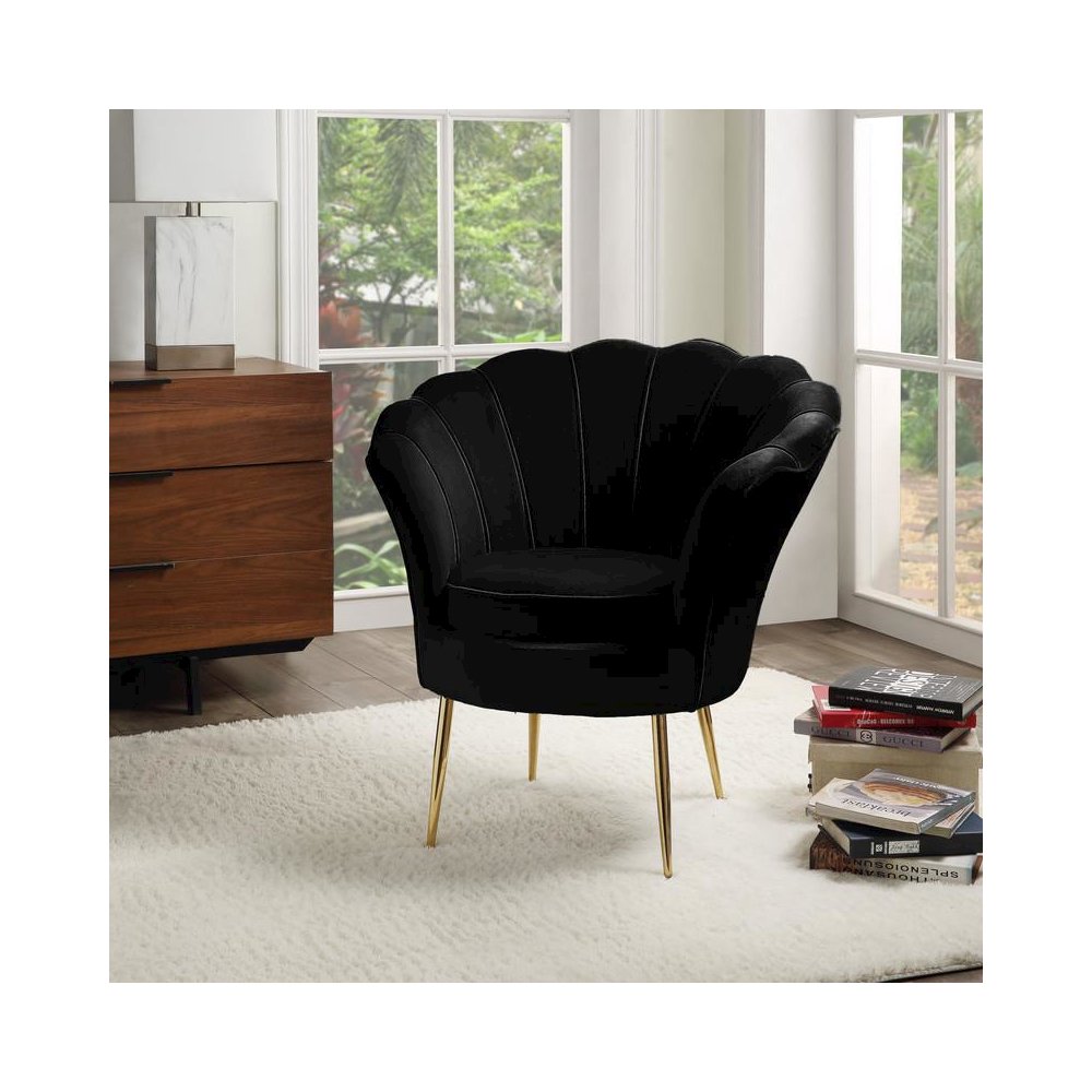 Angelina Black Velvet Scalloped Back Barrel Accent Chair with Metal Legs