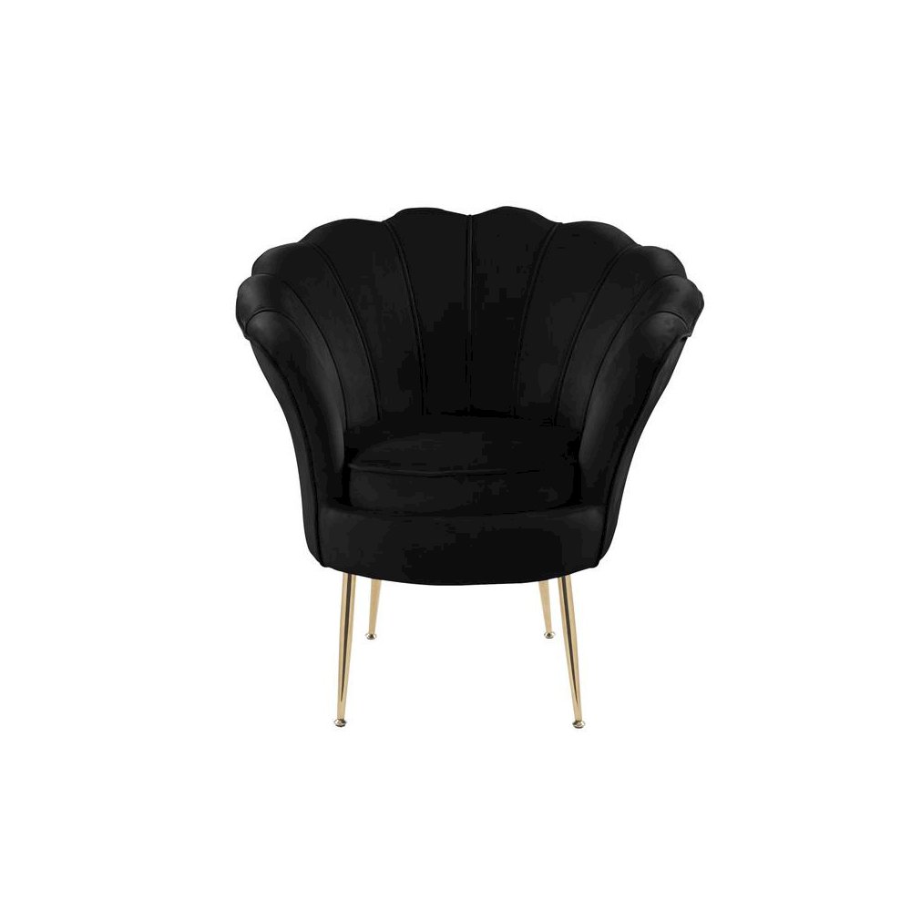 Angelina Black Velvet Scalloped Back Barrel Accent Chair with Metal Legs