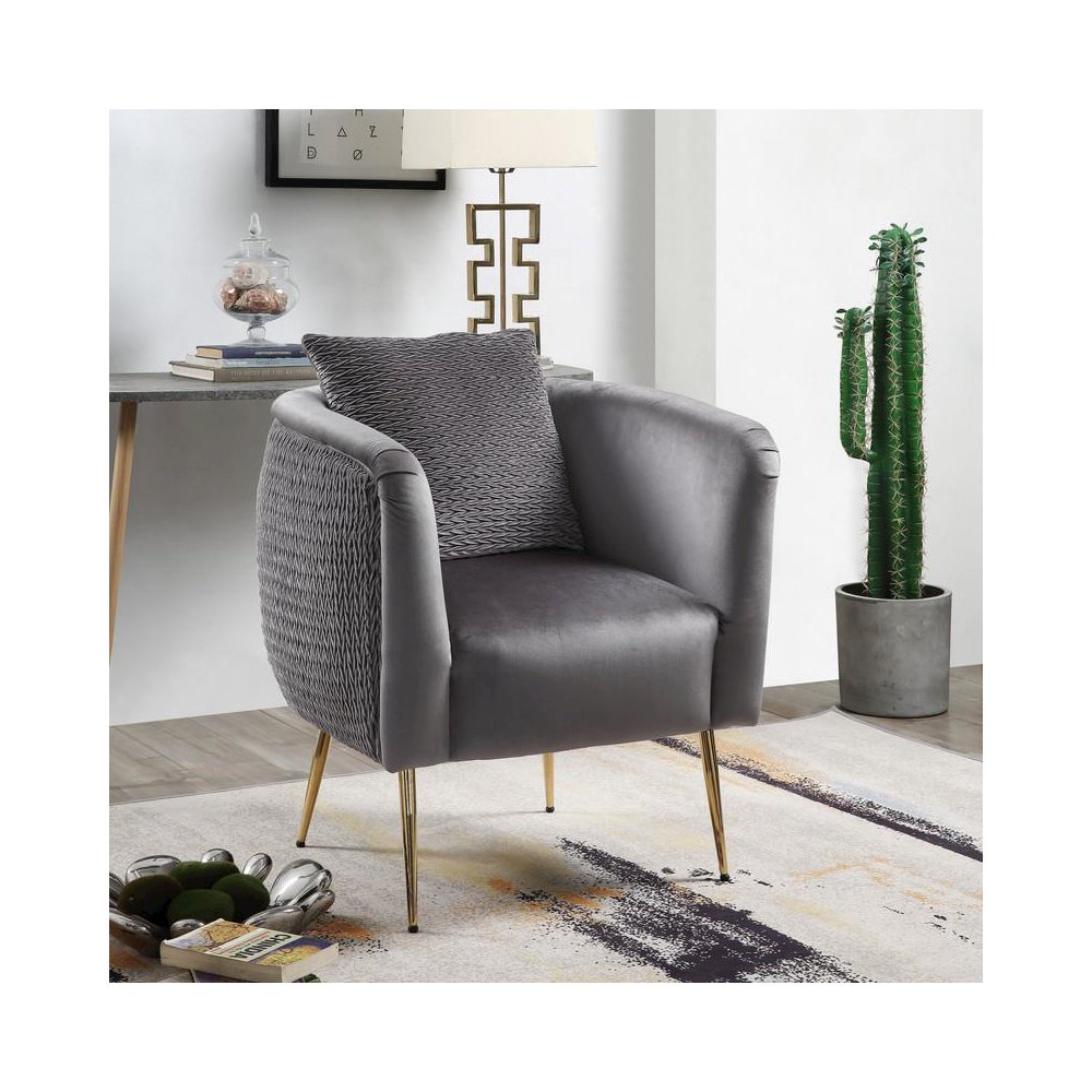 Natalie Gray Velvet Barrel Accent Chair with Metal Legs