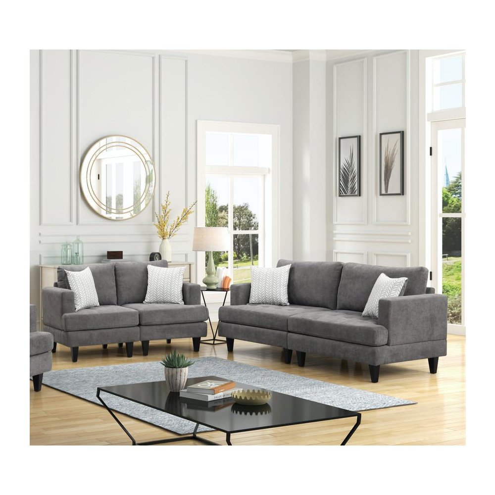 Callaway Gray Chenille Sofa Loveseat Living Room Set with Throw Pillows