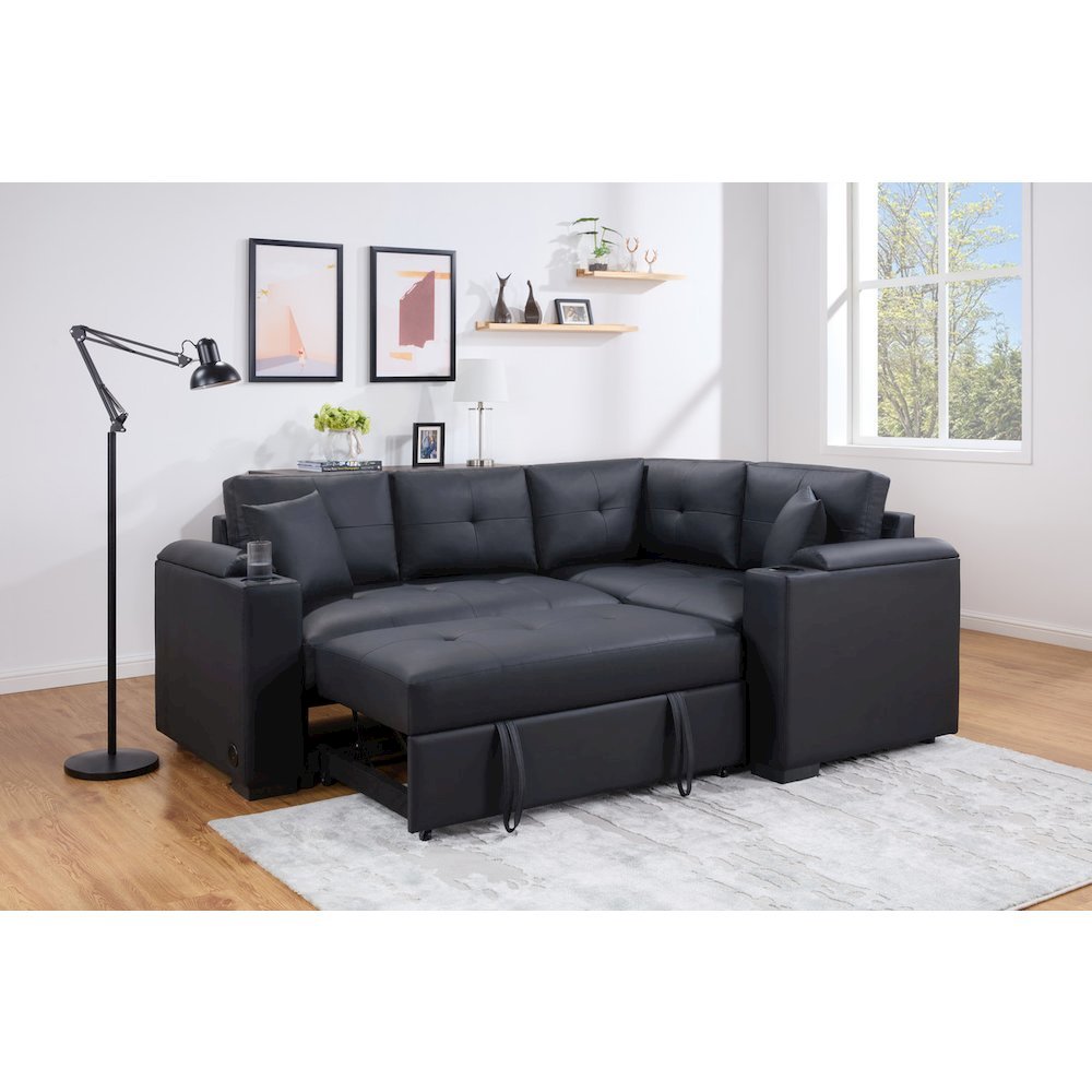 84.5″W Black PVC Fabric Sleeper Sectional