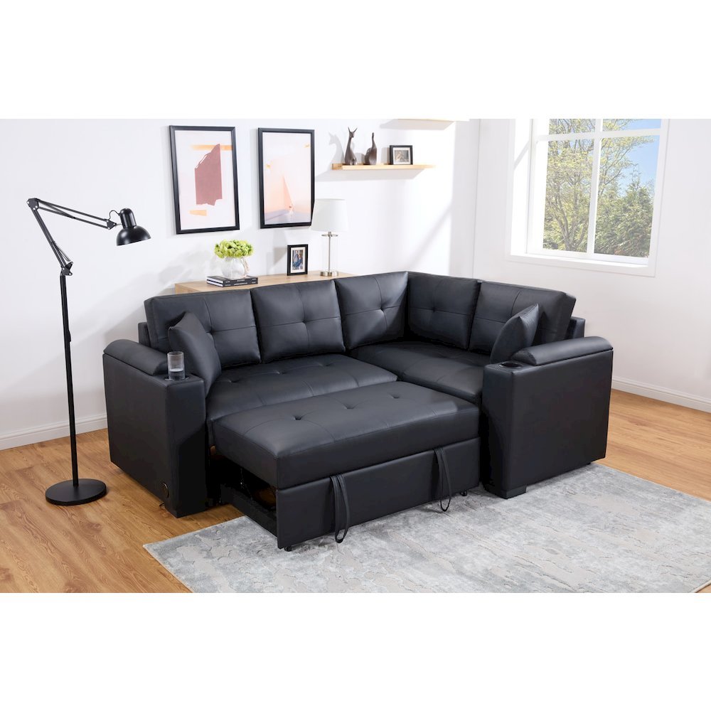 84.5″W Black PVC Fabric Sleeper Sectional