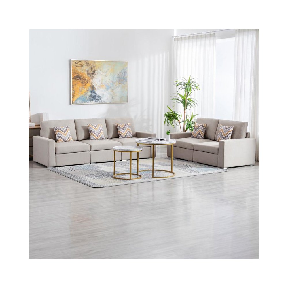 Nolan Beige Linen Fabric Sofa and Loveseat Living Room Set with Pillows and Interchangeable Legs