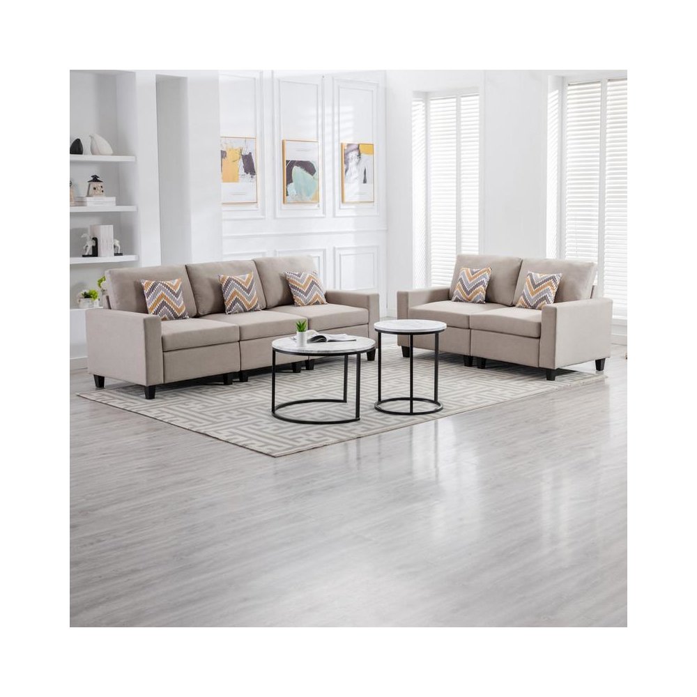 Nolan Beige Linen Fabric Sofa and Loveseat Living Room Set with Pillows and Interchangeable Legs