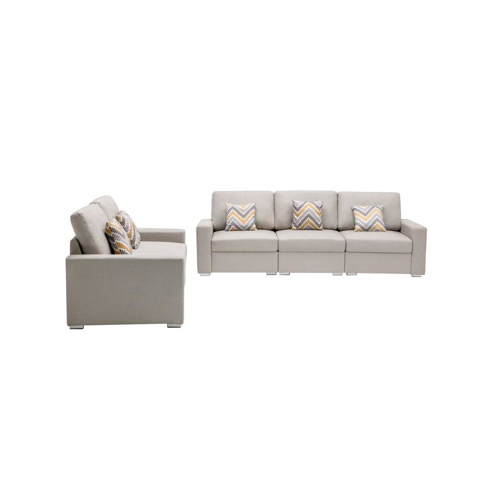 Nolan Beige Linen Fabric Sofa and Loveseat Living Room Set with Pillows and Interchangeable Legs