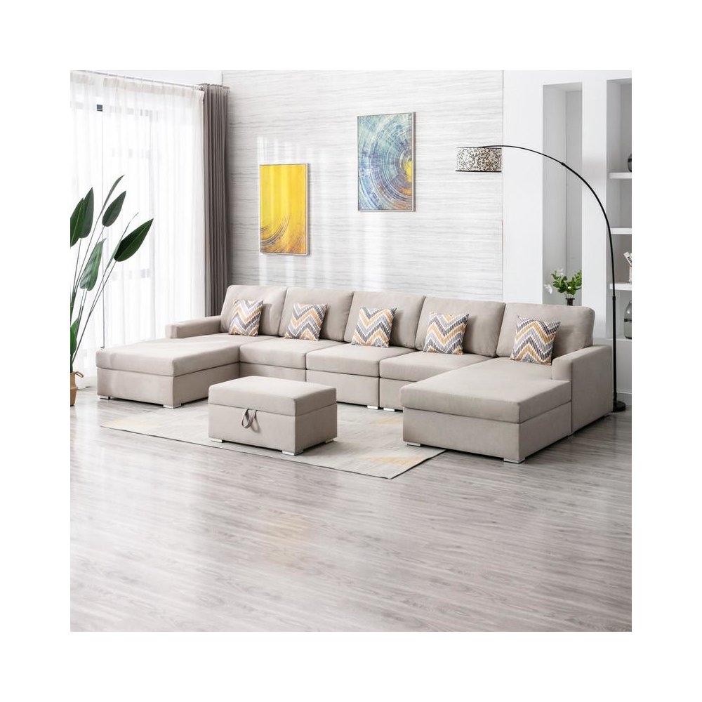 Nolan Beige Linen Fabric 6Pc Double Chaise Sectional Sofa with Interchangeable Legs