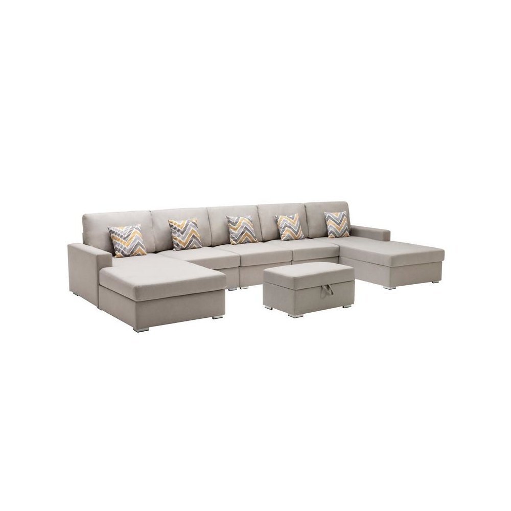 Nolan Beige Linen Fabric 6Pc Double Chaise Sectional Sofa with Interchangeable Legs