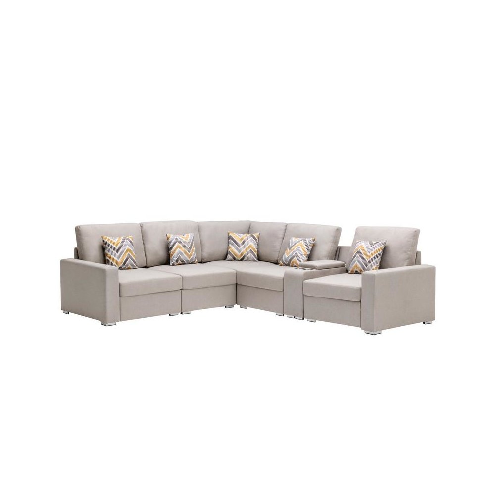Nolan Beige Linen Fabric 6 Pc Reversible Sectional Sofa with a USB