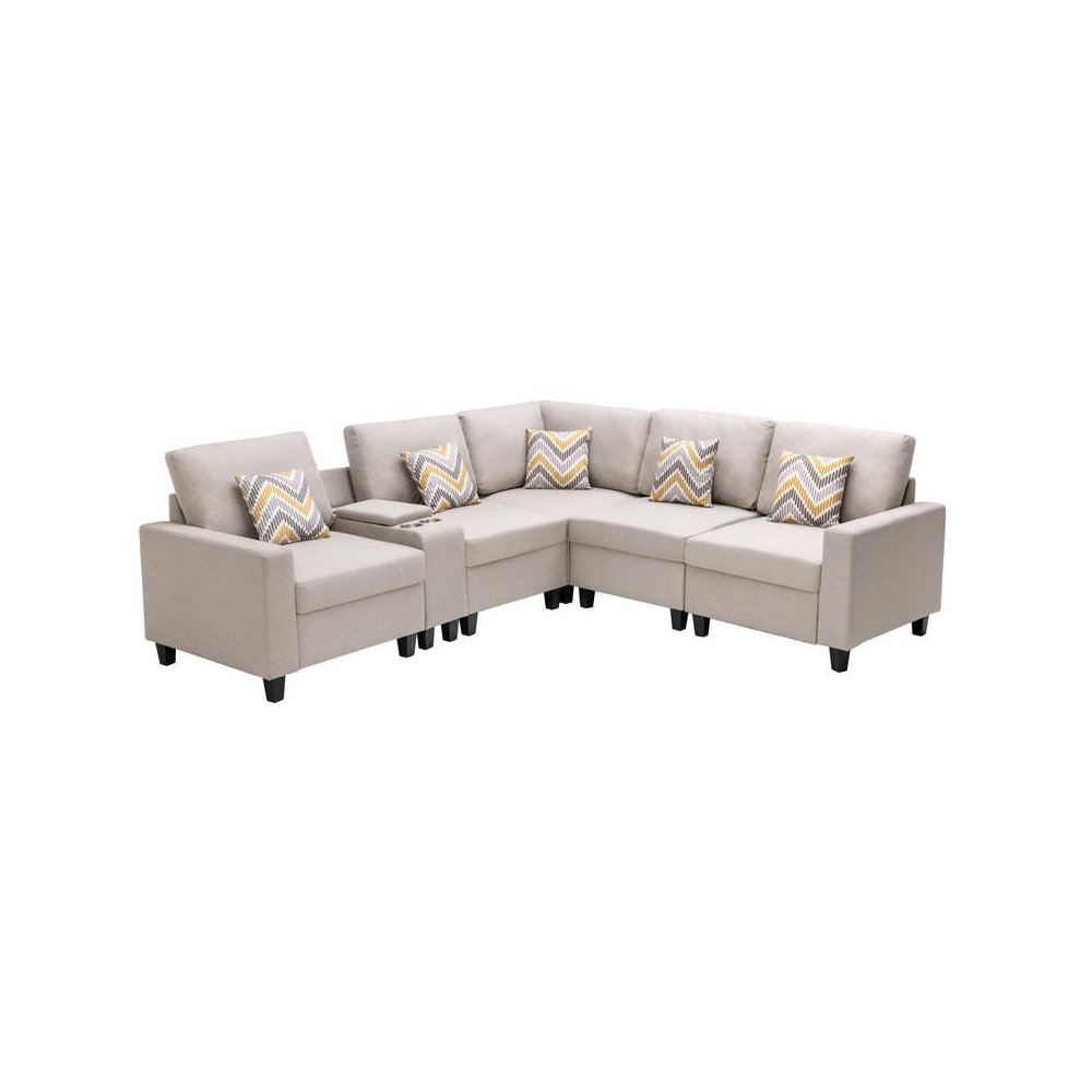 Nolan Beige Linen Fabric 6Pc Reversible Sectional Sofa with a USB