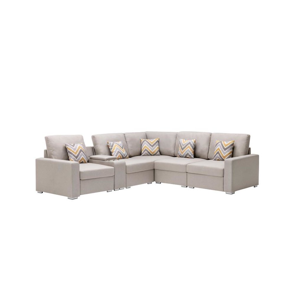 Nolan Beige Linen Fabric 6Pc Reversible Sectional Sofa with a USB
