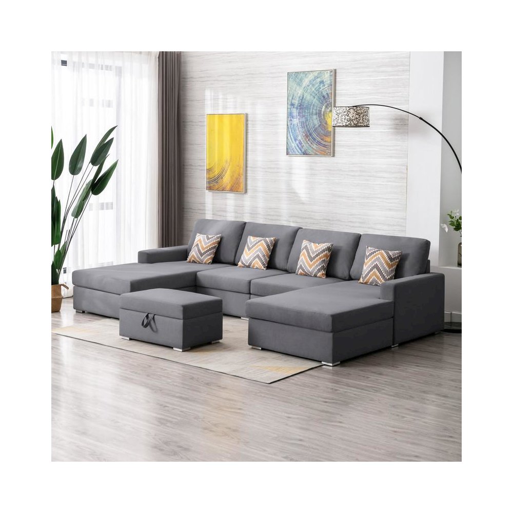 Nolan Gray Linen Fabric 5Pc Double Chaise Sectional Sofa with Interchangeable Legs