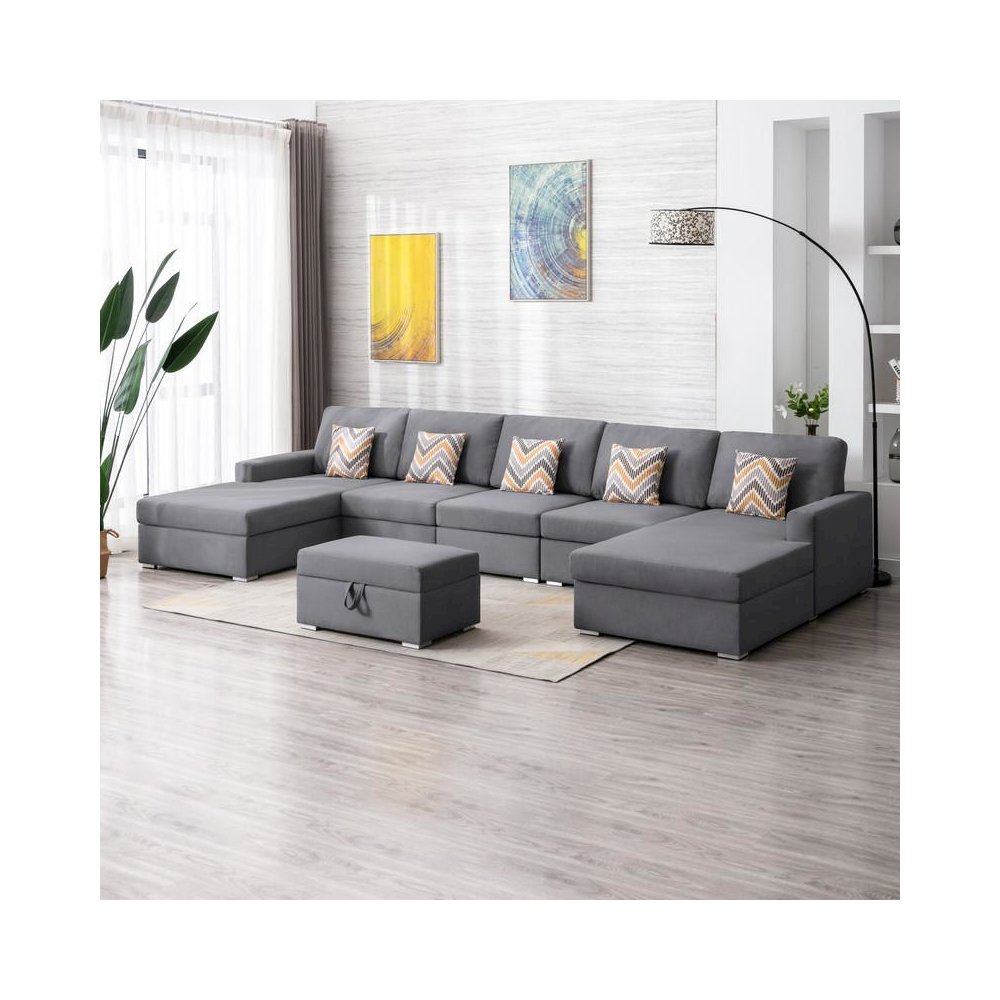 Nolan Gray Linen Fabric 6Pc Double Chaise Sectional Sofa with Interchangeable Legs