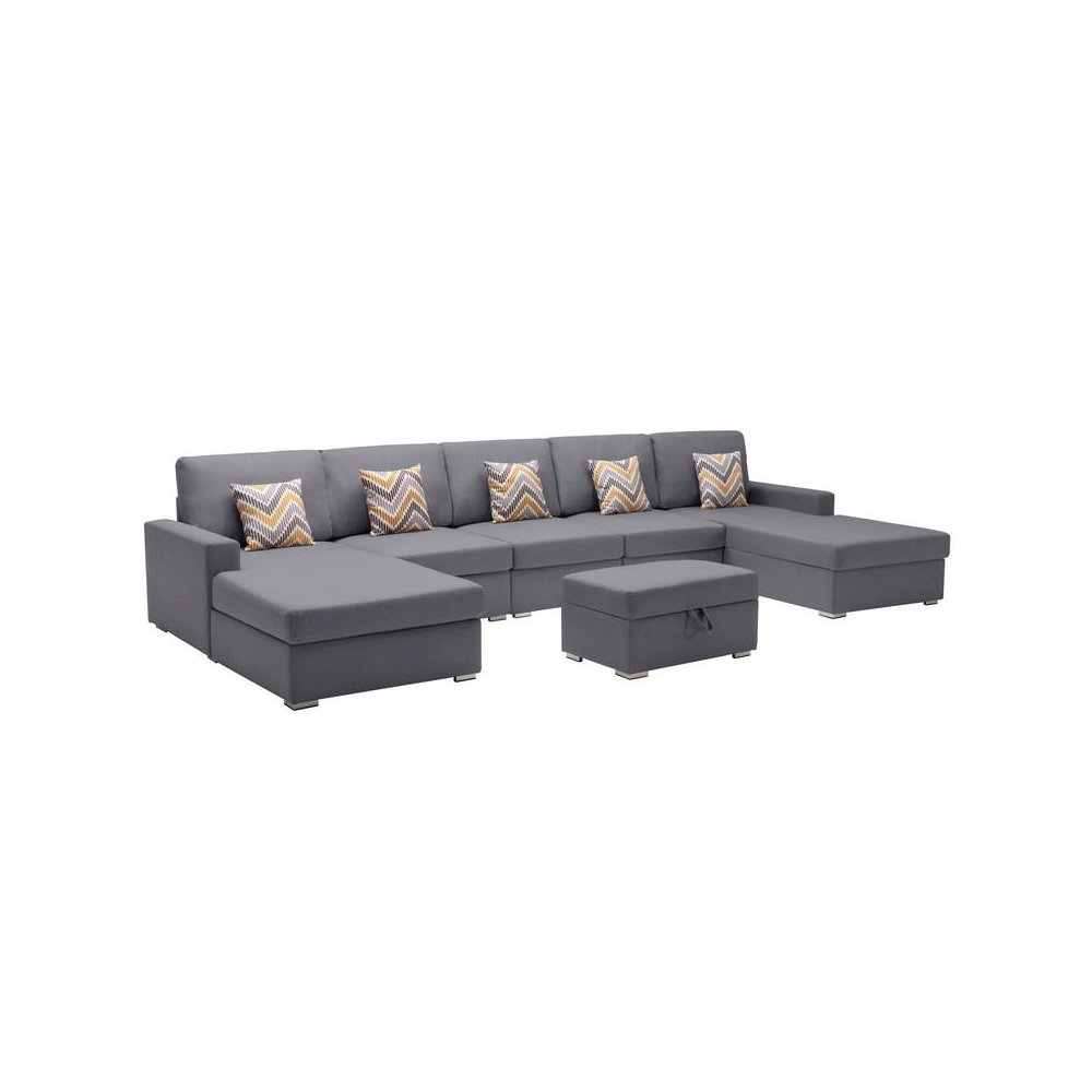 Nolan Gray Linen Fabric 6Pc Double Chaise Sectional Sofa with Interchangeable Legs