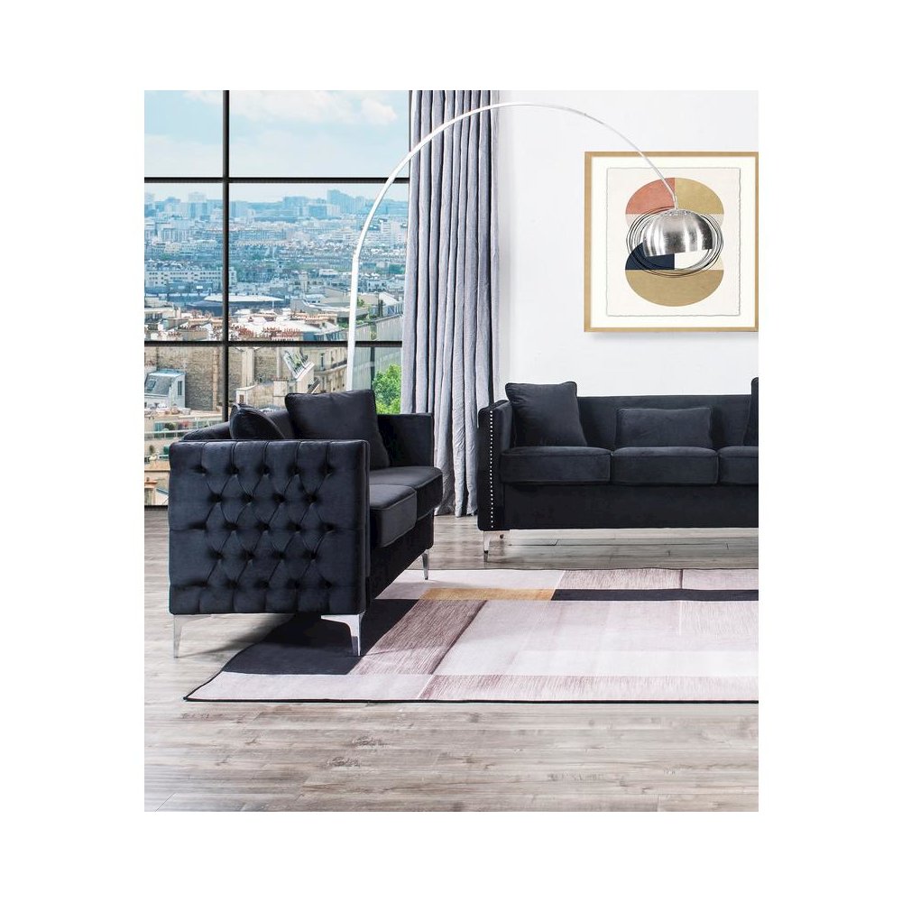 Bayberry Black Velvet Loveseat with 2 Pillows