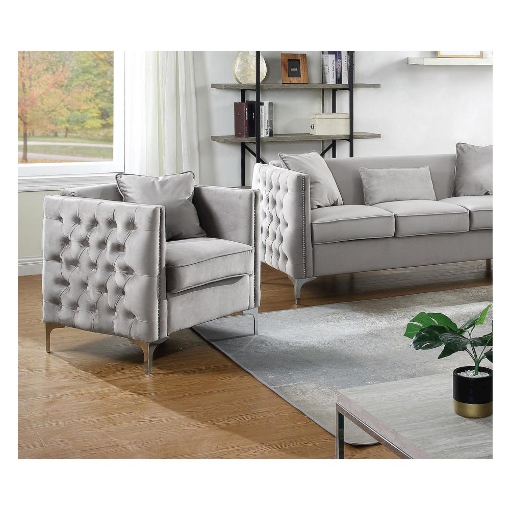 Bayberry Gray Velvet Chair with 1 Pillow