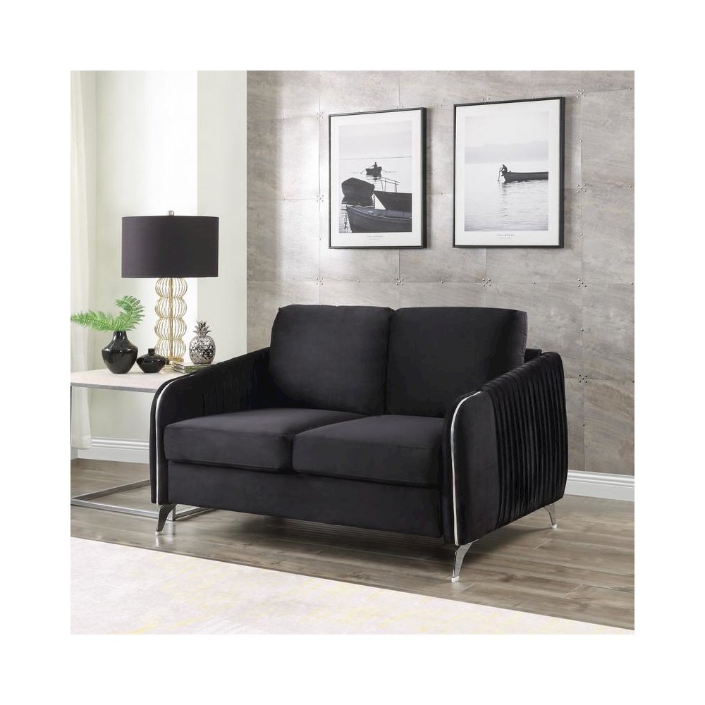 Hathaway Black Velvet Modern Chic Loveseat Couch