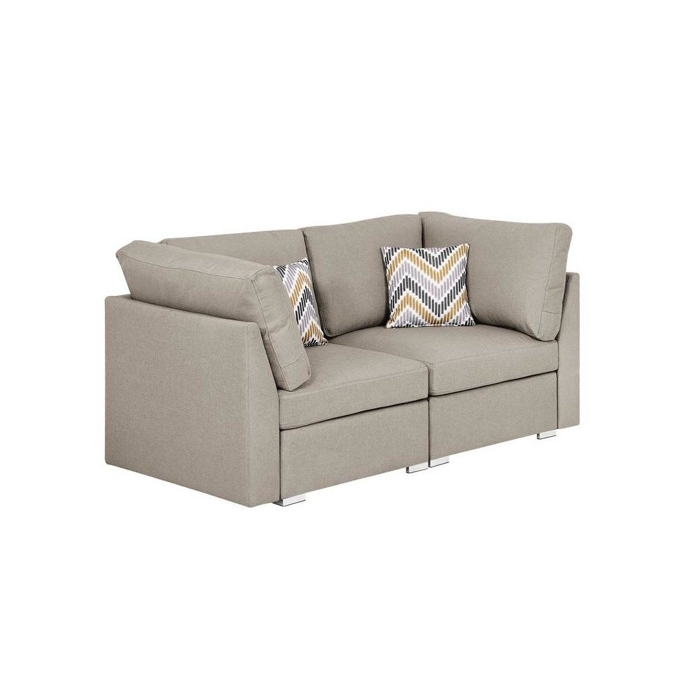 Amira Beige Fabric Loveseat Couch with Pillows