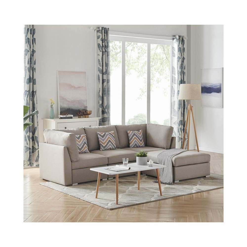 Amira Beige Fabric Sofa with Ottoman and Pillows