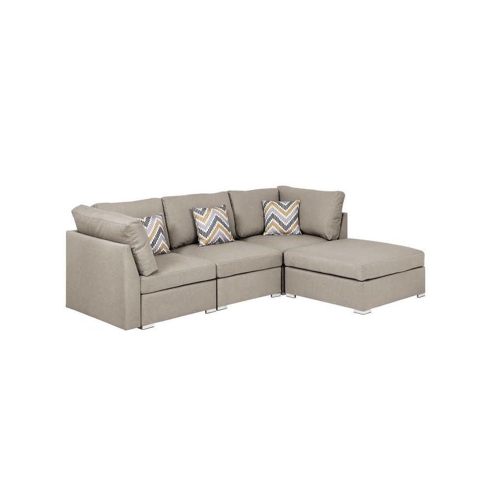 Amira Beige Fabric Sofa with Ottoman and Pillows