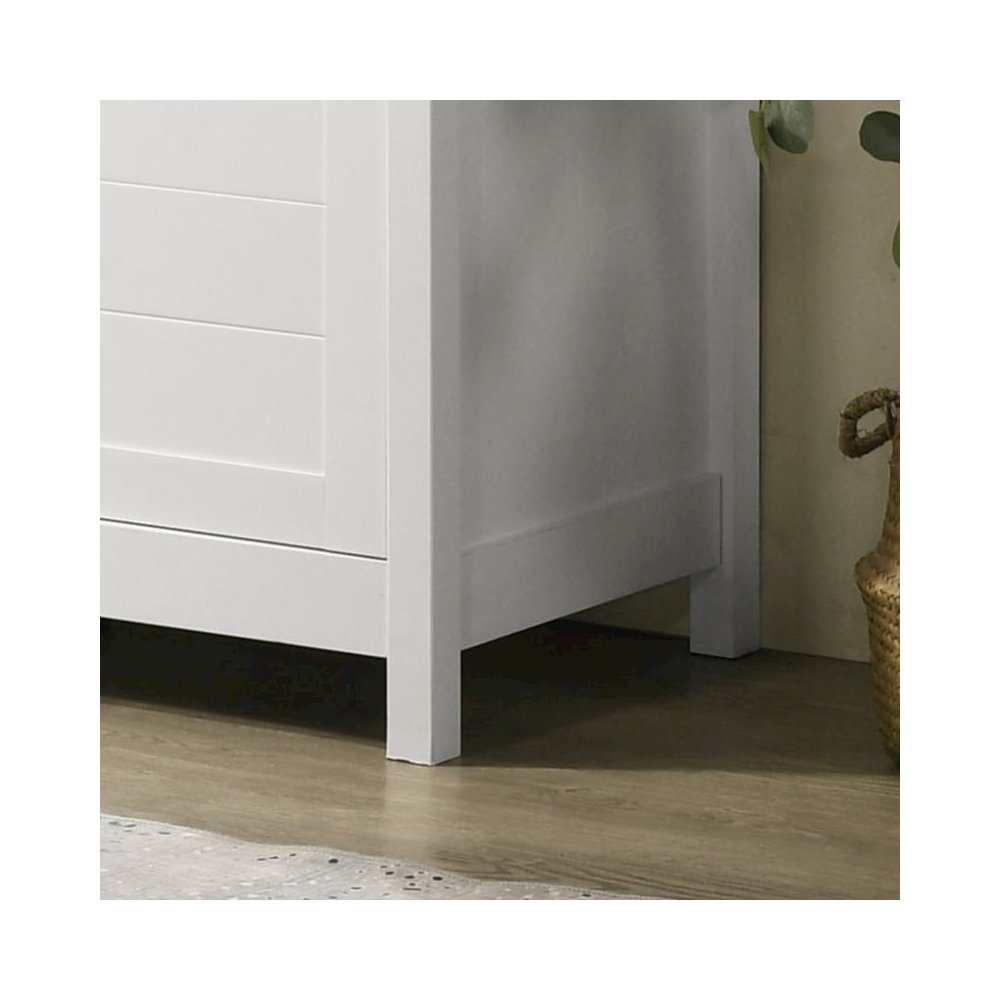 White Storage Cabinet with Oak Accent Finish and Framed Slatted Panel Design