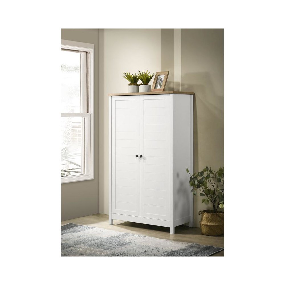 White Storage Cabinet with Oak Accent Finish and Framed Slatted Panel Design