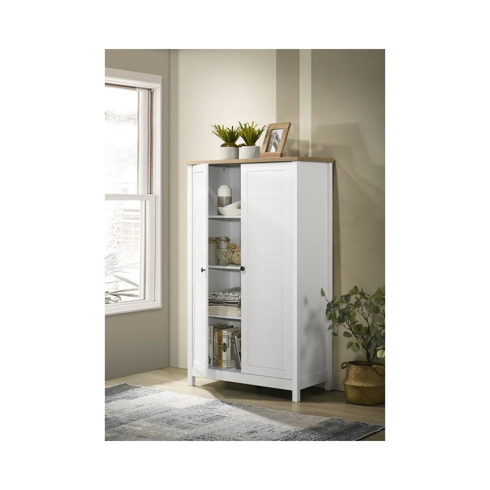 White Storage Cabinet with Oak Accent Finish and Framed Slatted Panel Design