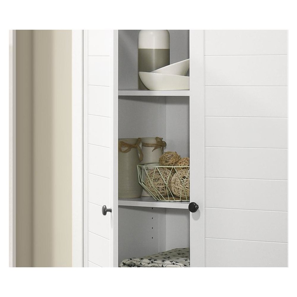 White Storage Cabinet with Oak Accent Finish and Framed Slatted Panel Design
