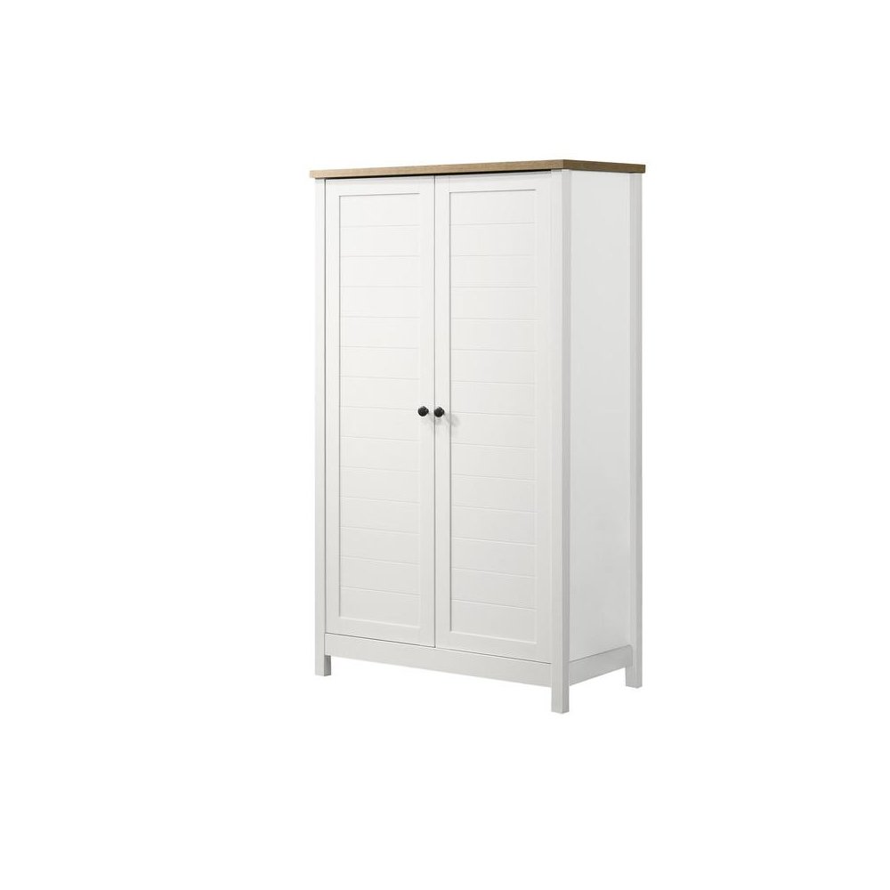 White Storage Cabinet with Oak Accent Finish and Framed Slatted Panel Design