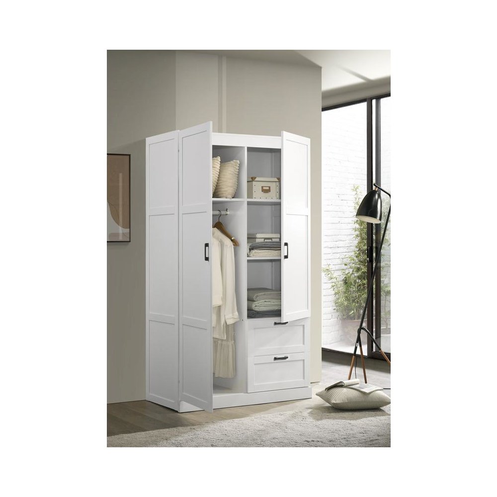 Aubree White Wardrobe Cabinet Armoire with 2 Drawers and Hanging Rod