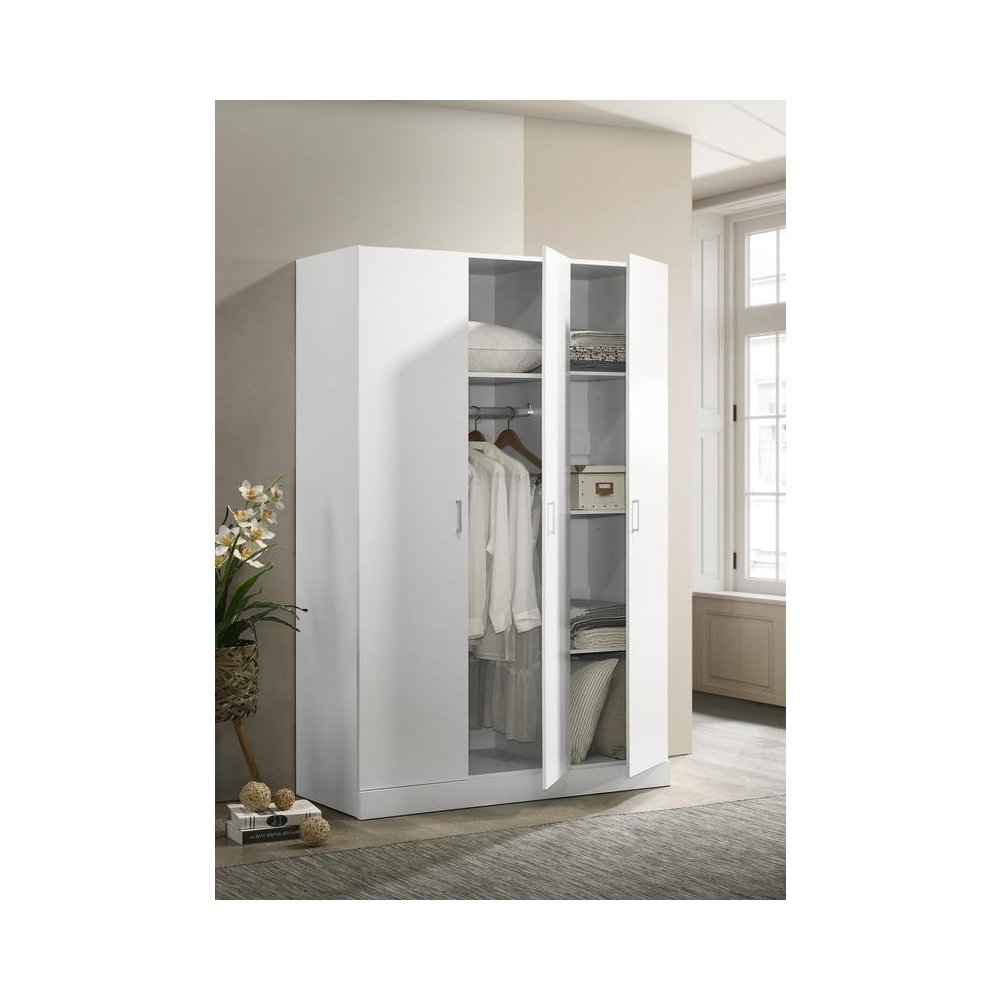 White 3-Door Wardrobe Cabinet Armoire with Storage Shelves and Hanging Rod