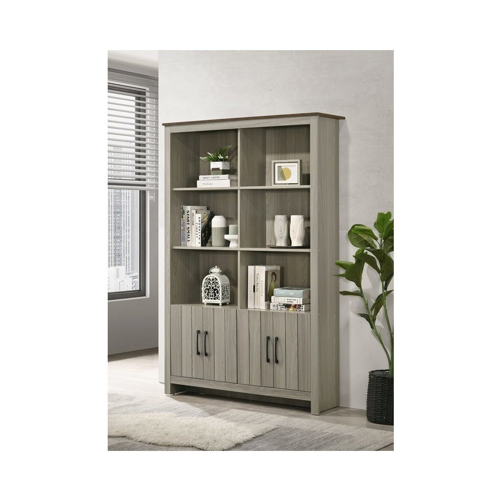Nyla 47″W Gray Oak Bookcase Shelf with Cabinet Doors