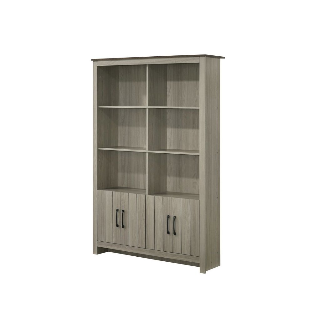 Nyla 47″W Gray Oak Bookcase Shelf with Cabinet Doors