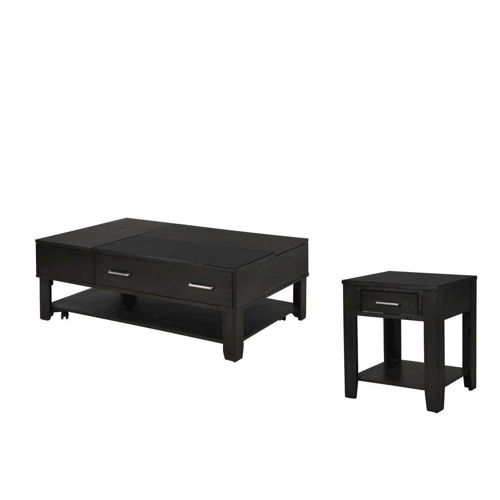 Bruno 2 Piece Ash Gray Wooden Lift Top Coffee and End Table Set with Tempered Glass Top and Drawer