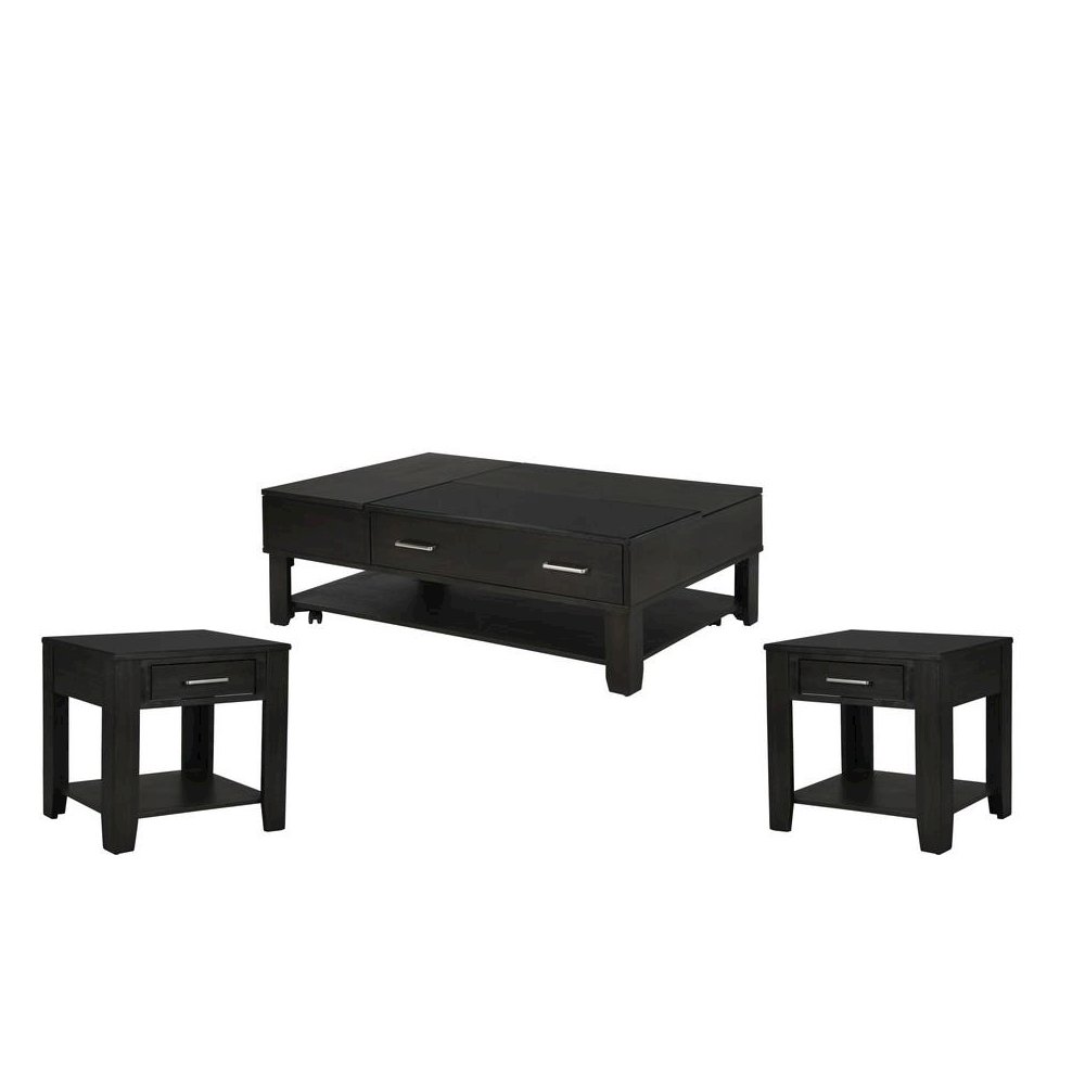 Bruno 3 Piece Ash Gray Wooden Lift Top Coffee and End Table Set with Tempered Glass Top and Drawer