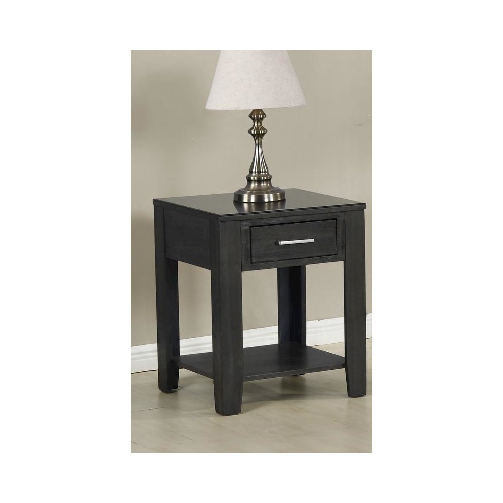 Bruno Ash Gray Wooden End Table with Tempered Glass Top and Drawer