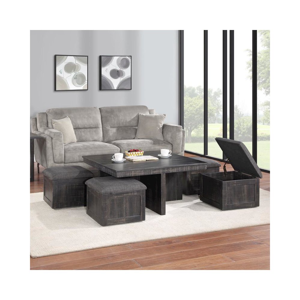 Moseberg Gray Oak Coffee Table with Storage Stools