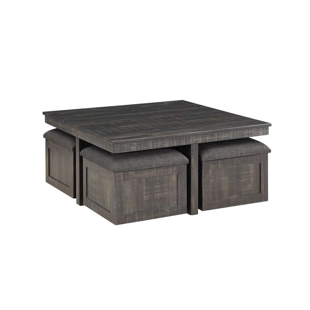 Moseberg Gray Oak Coffee Table with Storage Stools