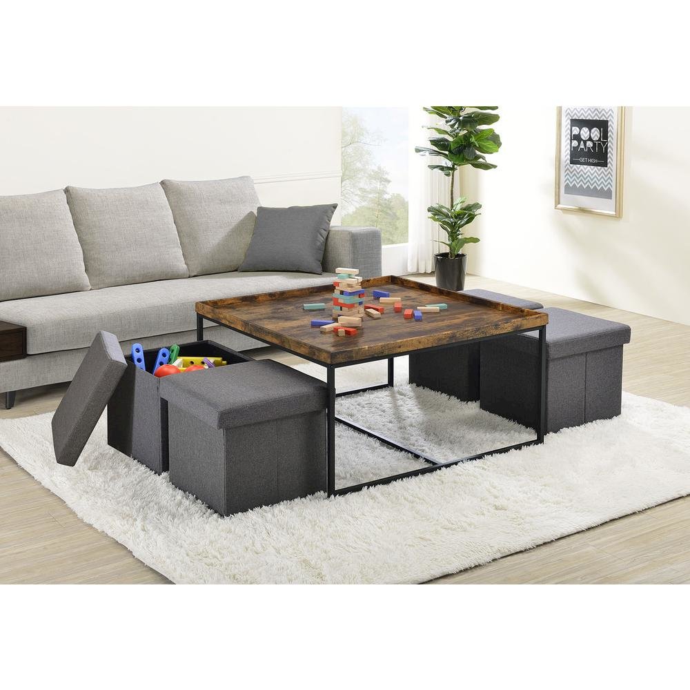 Vinny Weathered Oak Wood Grain 5 Piece Coffee Table Set with Raised Edges