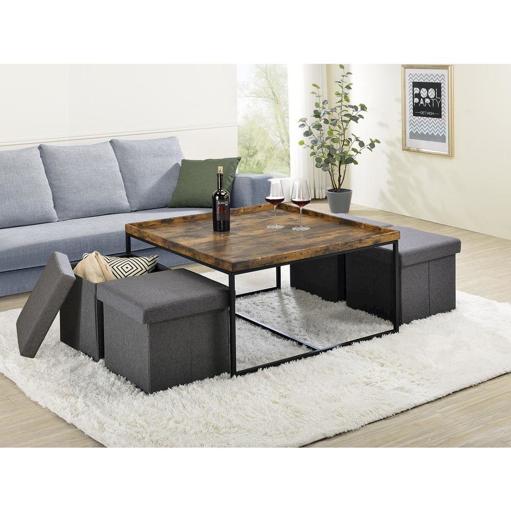 Vinny Weathered Oak Wood Grain 5 Piece Coffee Table Set with Raised Edges
