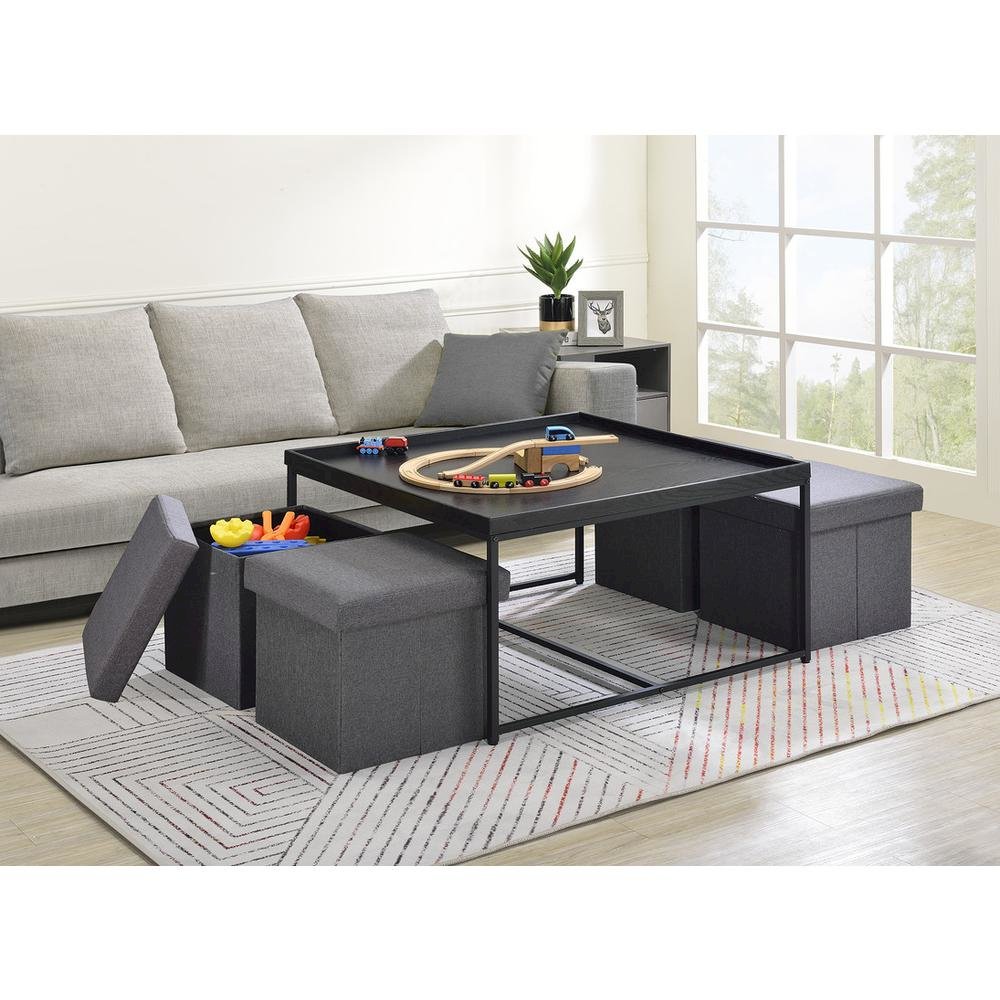 Vinny Black Wood Grain 5 Piece Coffee Table Set with Raised Edges