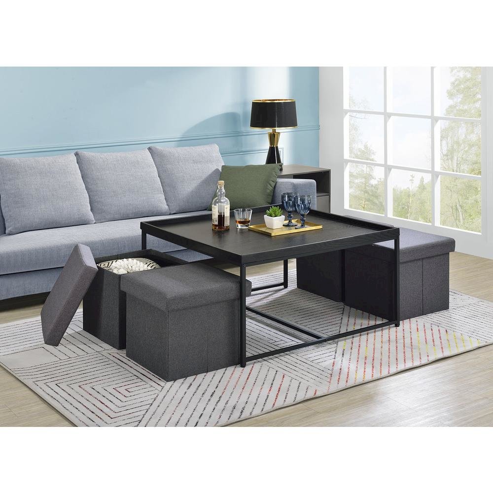 Vinny Black Wood Grain 5 Piece Coffee Table Set with Raised Edges