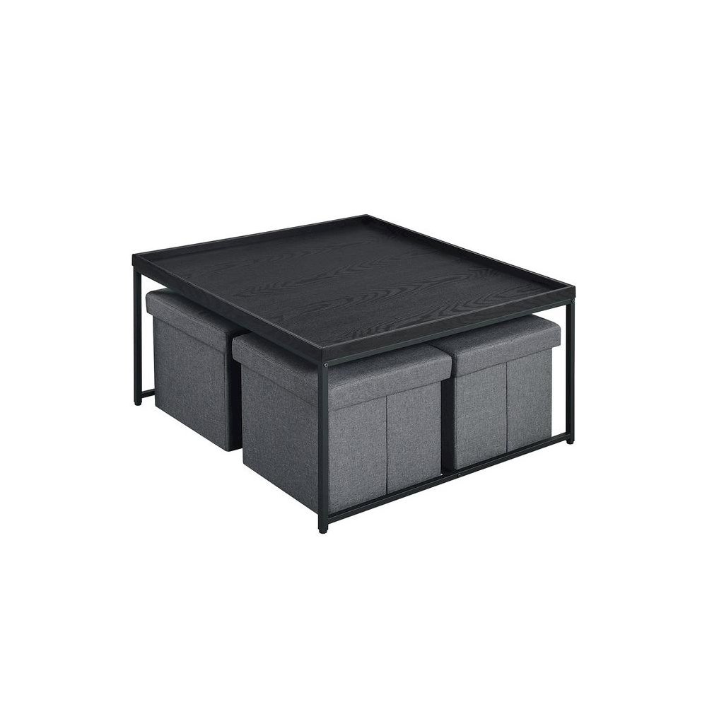 Vinny Black Wood Grain 5 Piece Coffee Table Set with Raised Edges